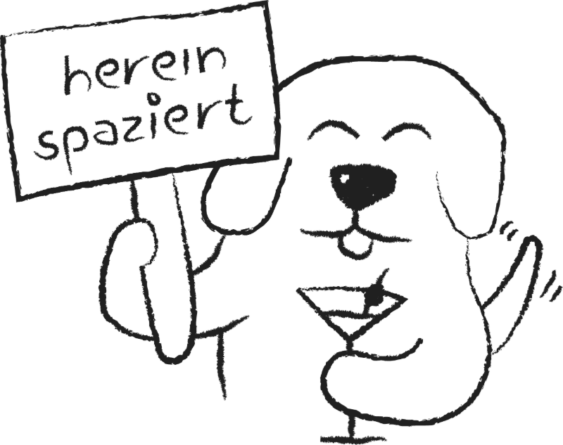 Buddy mit Schild „herein spaziert“